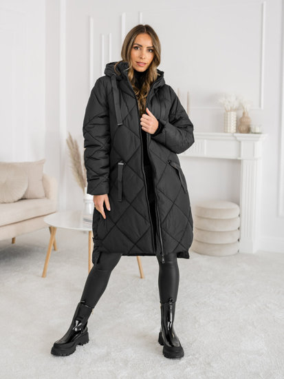 Women's Longline Quilted Winter Jacket with hood Black Bolf 5M3168