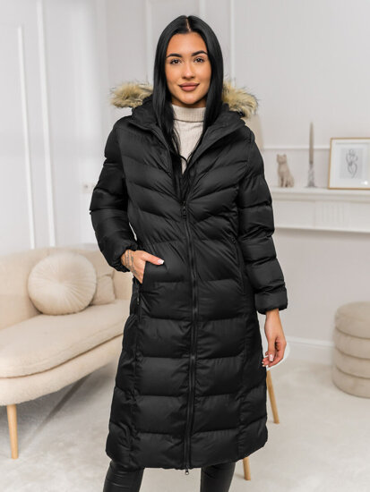 Women's Longline Quilted Winter Jacket with hood Black Bolf 5M3228