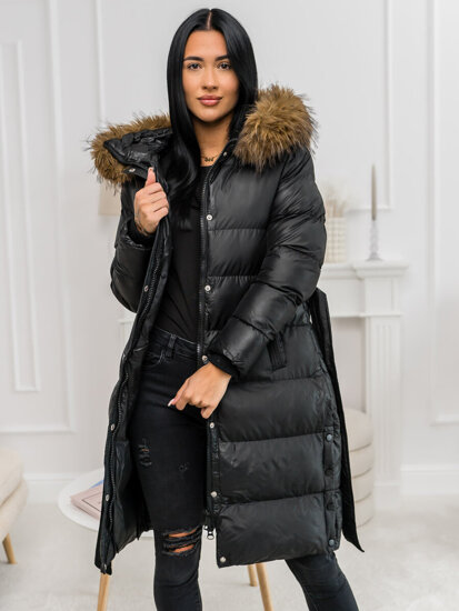 Women’s Longline Quilted Winter Jacket with hood Black Bolf 5M3298