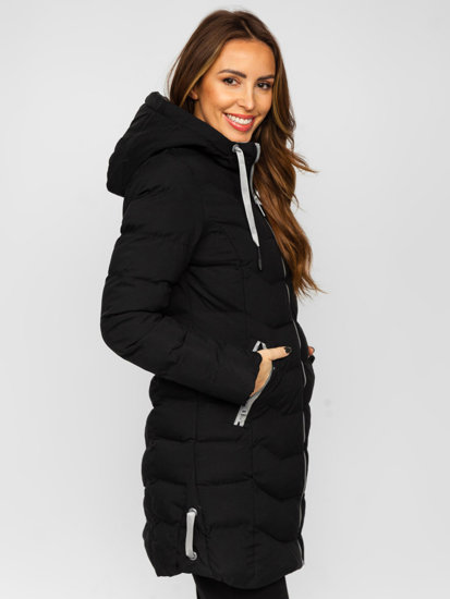 Women's Longline Quilted Winter Jacket with hood Black Bolf 7075