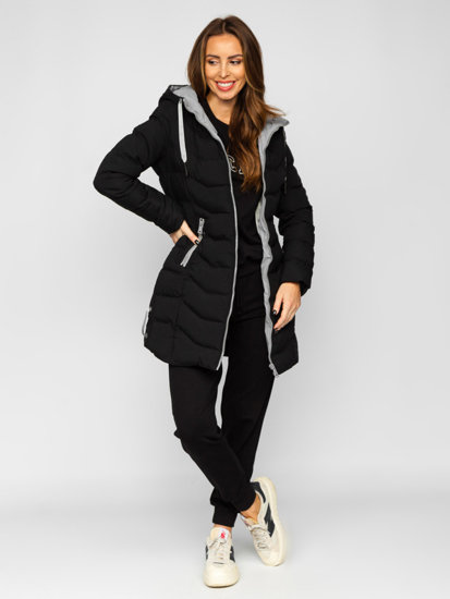 Women's Longline Quilted Winter Jacket with hood Black Bolf 7075