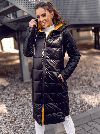 Women's Longline Quilted Winter Jacket with hood Black Bolf J9063