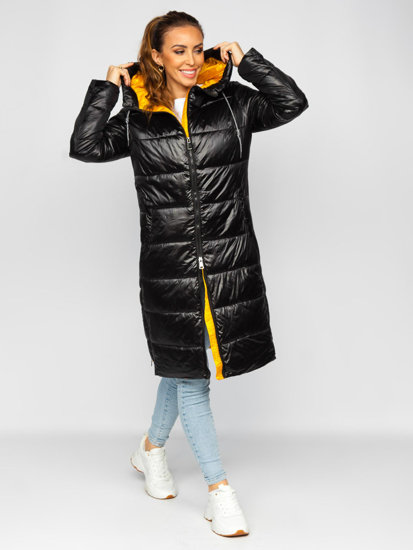 Women's Longline Quilted Winter Jacket with hood Black Bolf J9063