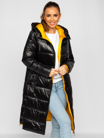 Women's Longline Quilted Winter Jacket with hood Black Bolf J9063