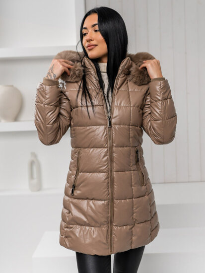 Women's Longline Quilted Winter Jacket with hood Brown Bolf 16M9120