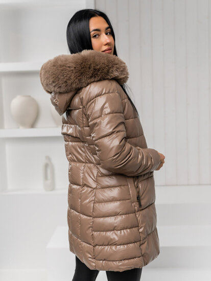 Women's Longline Quilted Winter Jacket with hood Brown Bolf 16M9120