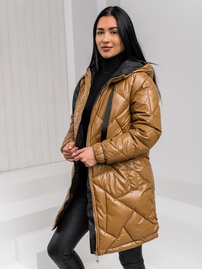 Women's Longline Quilted Winter Jacket with hood Brown Bolf 5M3189