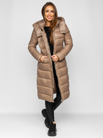 Women's Longline Quilted Winter Jacket with hood Brown Bolf M689