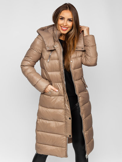 Women's Longline Quilted Winter Jacket with hood Brown Bolf M689