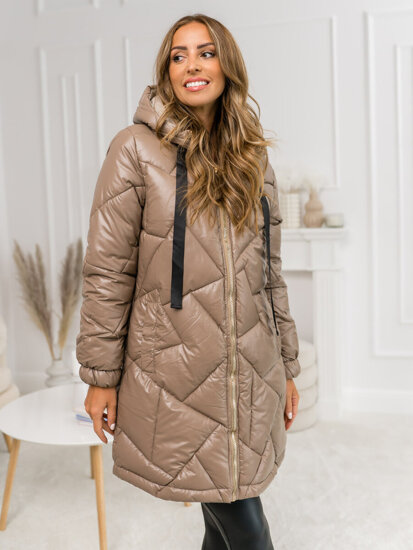 Women's Longline Quilted Winter Jacket with hood Camel Bolf 5M3189