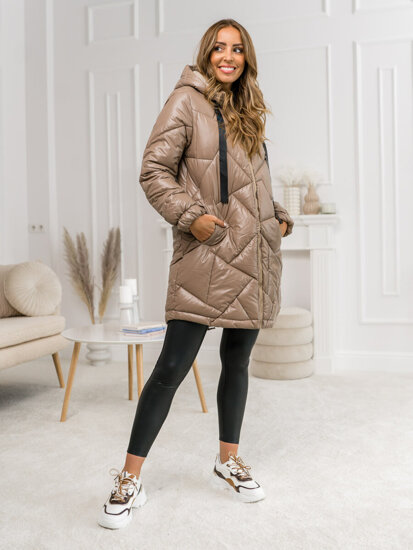 Women's Longline Quilted Winter Jacket with hood Camel Bolf 5M3189