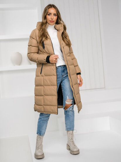 Women's Longline Quilted Winter Jacket with hood Camel Bolf 5M736