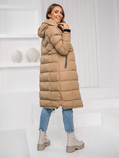 Women's Longline Quilted Winter Jacket with hood Camel Bolf 5M736