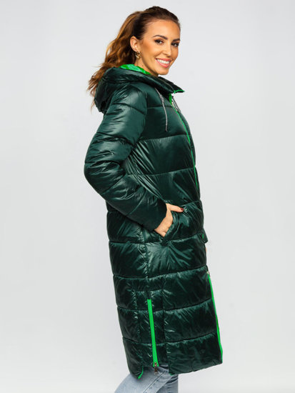 Women's Longline Quilted Winter Jacket with hood Green Bolf J9063