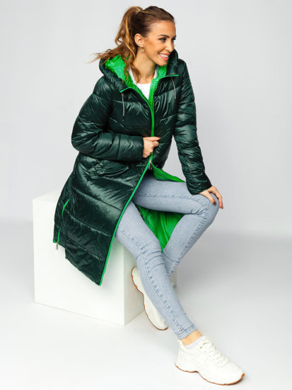 Women's Longline Quilted Winter Jacket with hood Green Bolf J9063