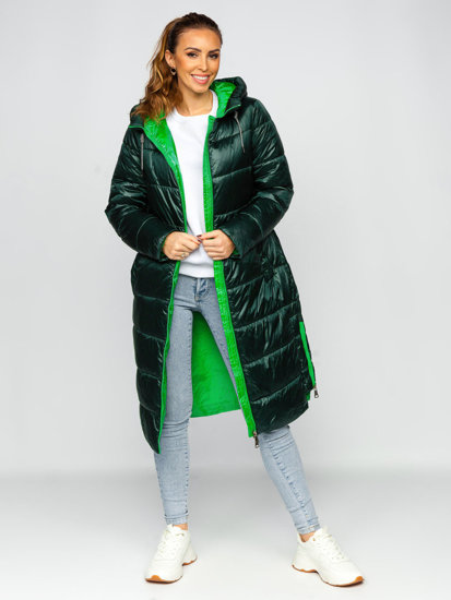 Women's Longline Quilted Winter Jacket with hood Green Bolf J9063