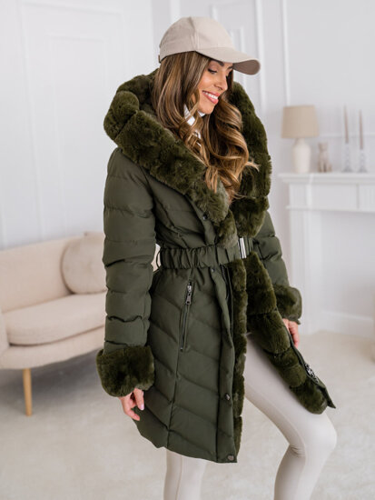 Women s Longline Quilted Winter Jacket with hood Khaki Bolf 5M3156