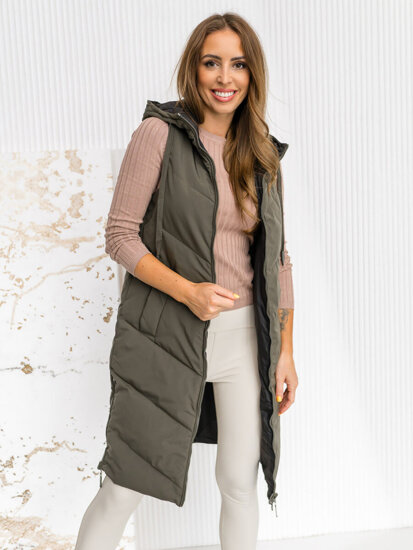 Women's Longline Reversible Quilted Gilet with hood Khaki Bolf B8022A1