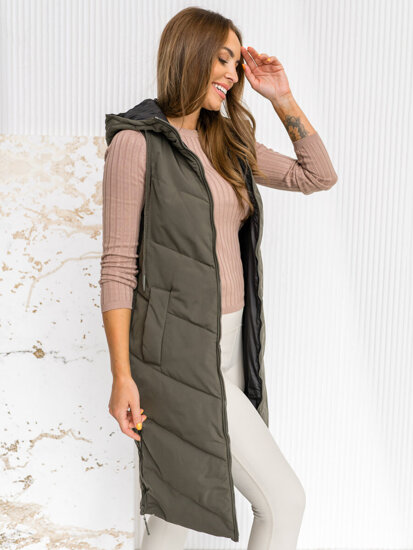 Women's Longline Reversible Quilted Gilet with hood Khaki Bolf B8022A1