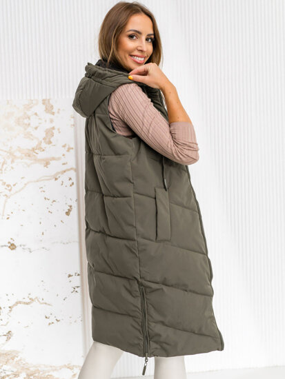 Women's Longline Reversible Quilted Gilet with hood Khaki Bolf B8022A1