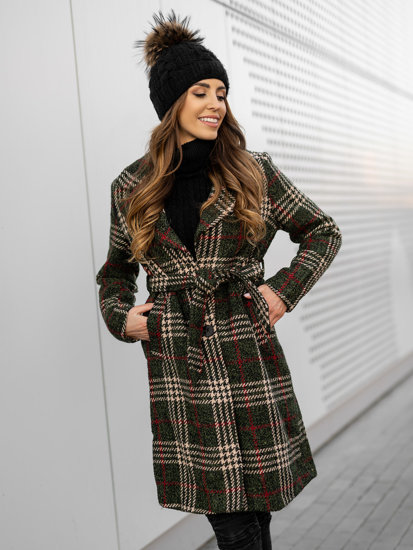 Women's Longline Warm Winter Coat with Belt Green Bolf OMDL011