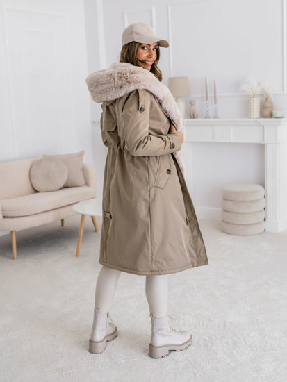 Women's Longline Winter Parka Jacket with hood Beige Bolf B557