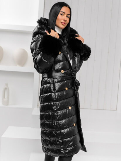 Women's Longline Winter Quilted Jacket with hood Black Bolf 5M3160