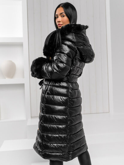 Women's Longline Winter Quilted Jacket with hood Black Bolf 5M3160