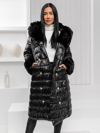 Women's Longline Winter Quilted Jacket with hood Black Bolf 5M3160