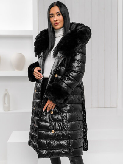 Women's Longline Winter Quilted Jacket with hood Black Bolf 5M3160