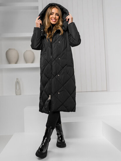 Women's Longline Winter Quilted Jacket with hood Black Bolf 5M3173