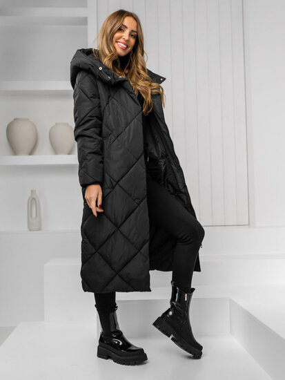 Women's Longline Winter Quilted Jacket with hood Black Bolf 5M3173