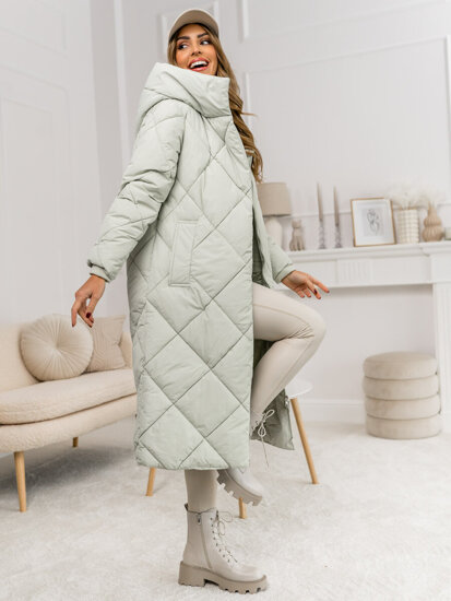 Women's Longline Winter Quilted Jacket with hood Green Bolf 5M3173