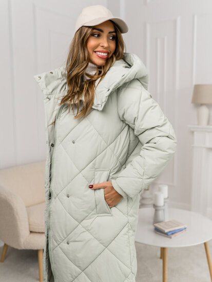 Women's Longline Winter Quilted Jacket with hood Green Bolf 5M3173