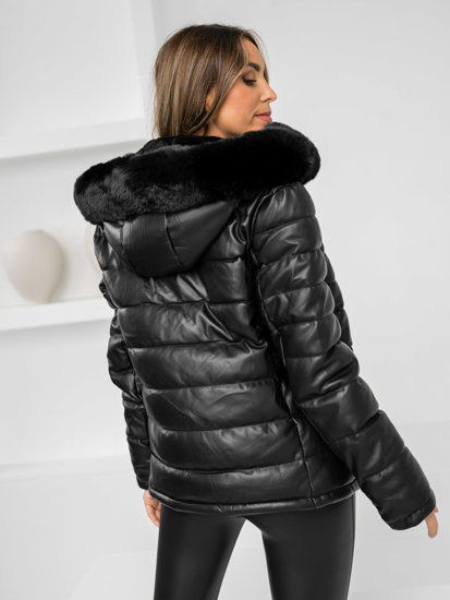 Women's Quilted Leather Winter Jacket with hood Black Bolf 11Z8070