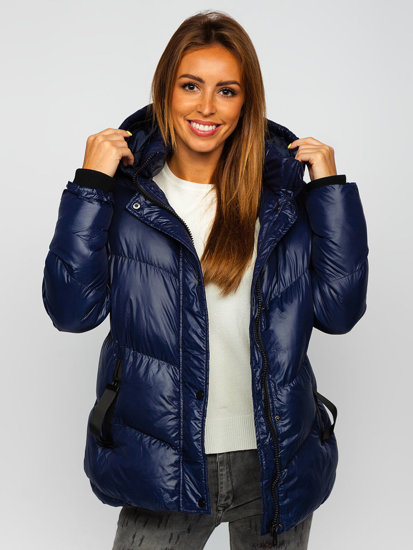 Women's Quilted Winter Hooded Jacket Navy Blue Bolf 23065