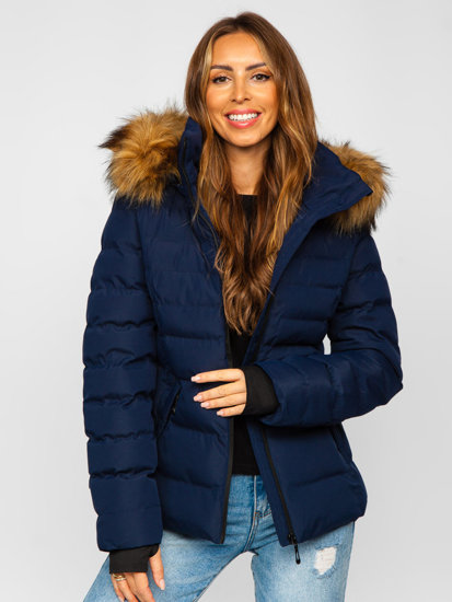 Women's Quilted Winter Jacket with Hood Navy Blue Bolf 5M768