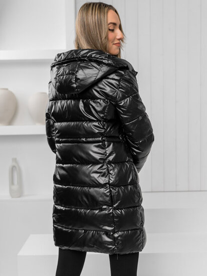 Women's Reversible Longline Quilted Winter Coat Jacket with hood Black Bolf B8070