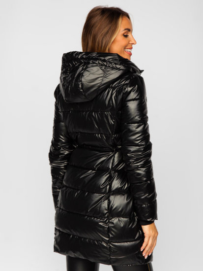 Women's Reversible Longline Quilted Winter Coat Jacket with hood Black Bolf B8070