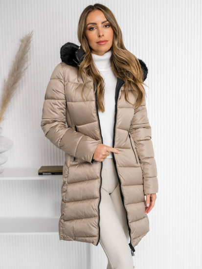 Women's Reversible Longline Winter Jacket with hood Beige Bolf B8202