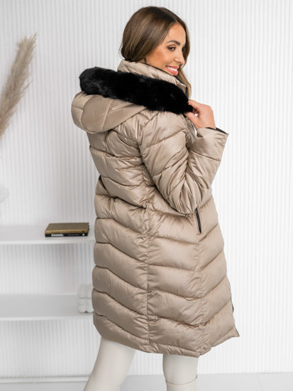 Women's Reversible Longline Winter Jacket with hood Beige Bolf B8202