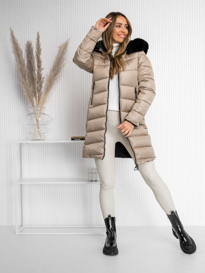 Women's Reversible Longline Winter Jacket with hood Beige Bolf B8202