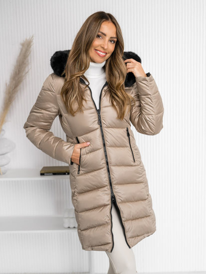 Women's Reversible Longline Winter Jacket with hood Beige Bolf B8202