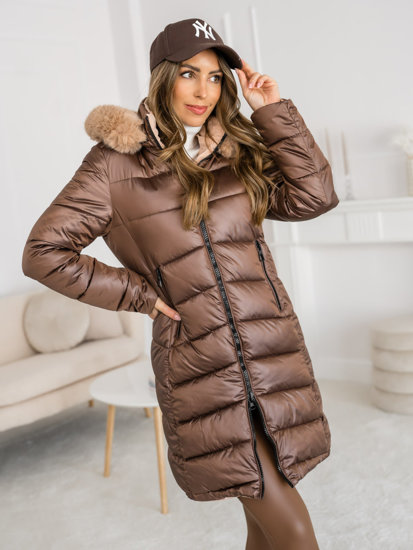 Women's Reversible Longline Winter Jacket with hood Brown Bolf B8202