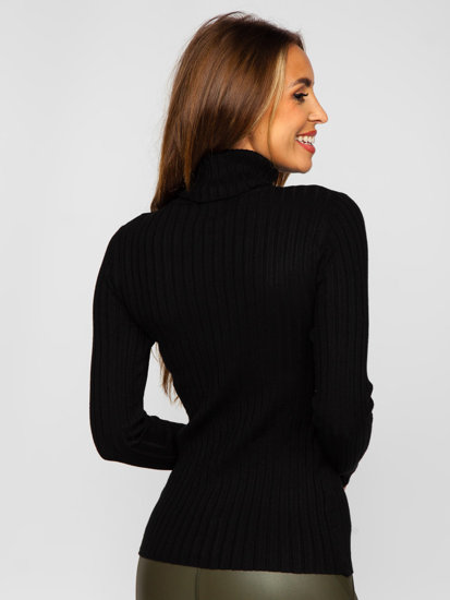 Women's Striped Polo Neck Sweater Black Bolf 5809