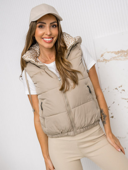 Women's Thick Quilted Gilet with hood Beige Bolf 16M9091