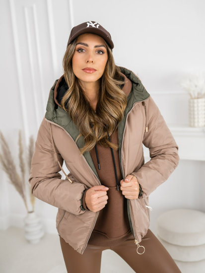 Women's Thick Reversible Quilted Winter Jacket with hood Beige Bolf B8181