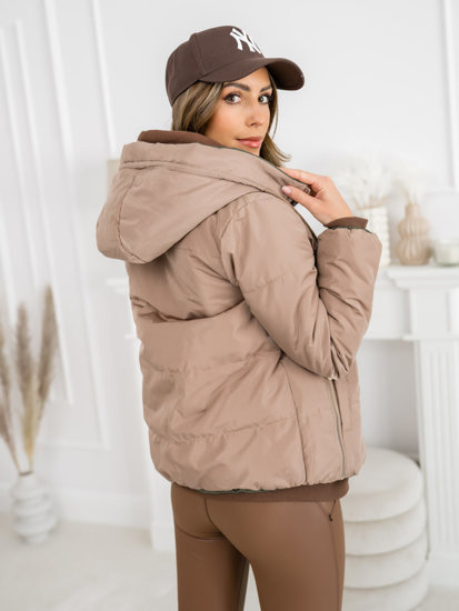 Women's Thick Reversible Quilted Winter Jacket with hood Beige Bolf B8181