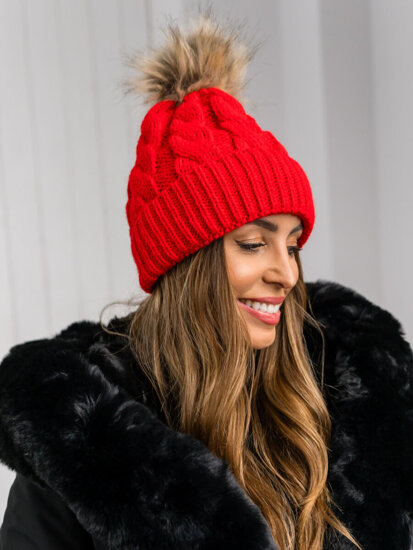 Women's Winter Beanie with pom pom Red Bolf M1