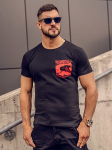 Men's Camo Printed T-shirt with Pocket Black-Red Bolf 8T85A